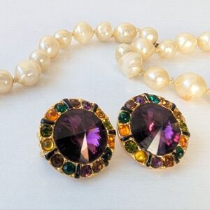 St. John Vintage Round Circular Clip-On Earrings with multi-color jewels.